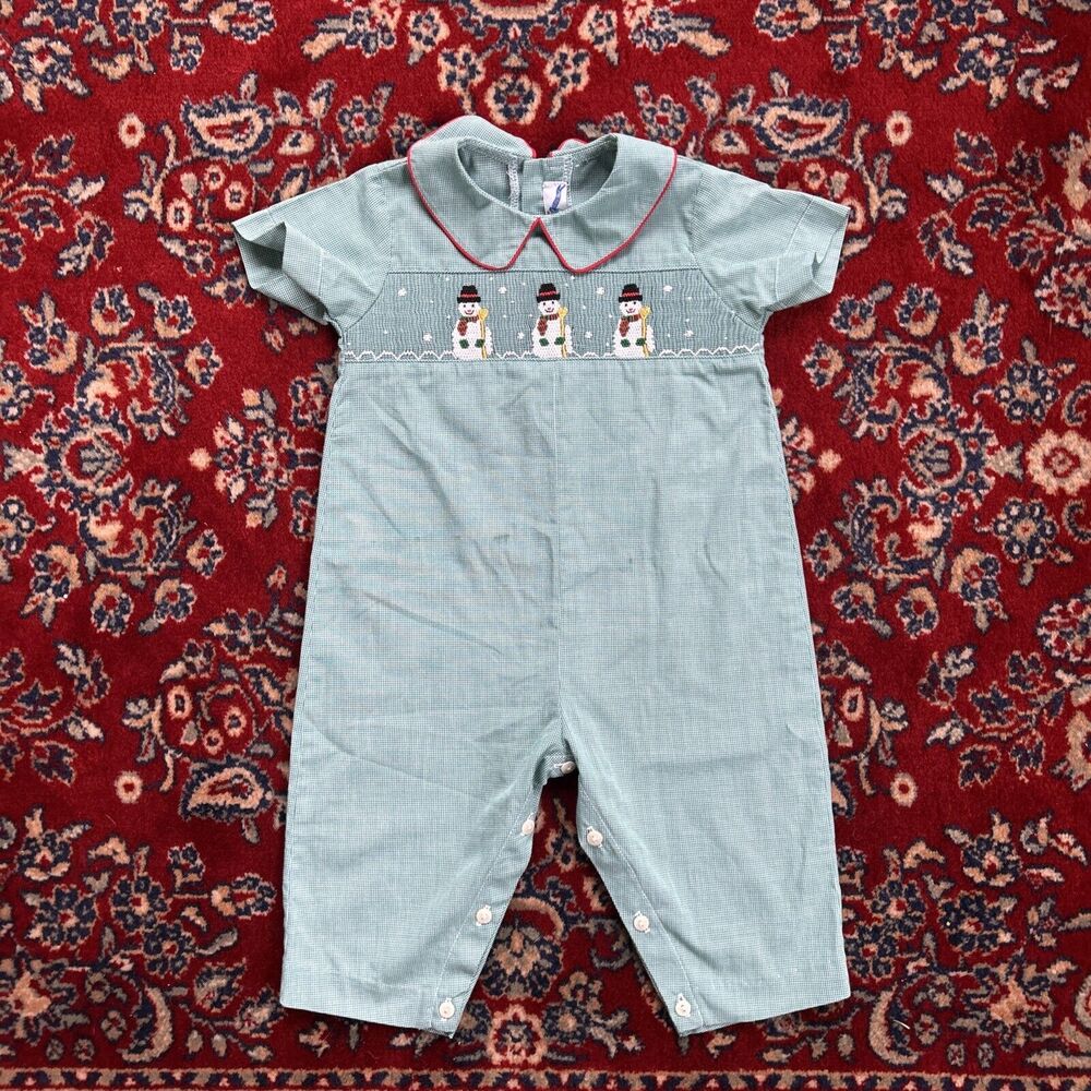 Vintage Smocked Snowman Romper 18 Months Christmas One Piece Teal